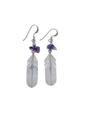 Vintage Sterling Silver 925 Amethyst Feather Dangle Earrings
